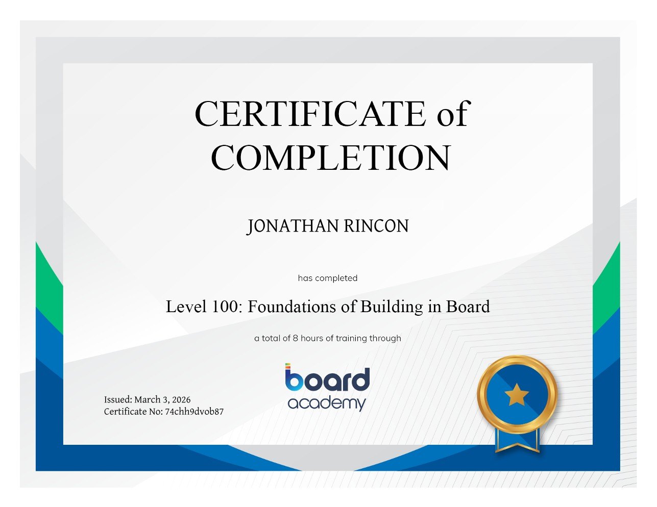 Board Academy level 100 certificate