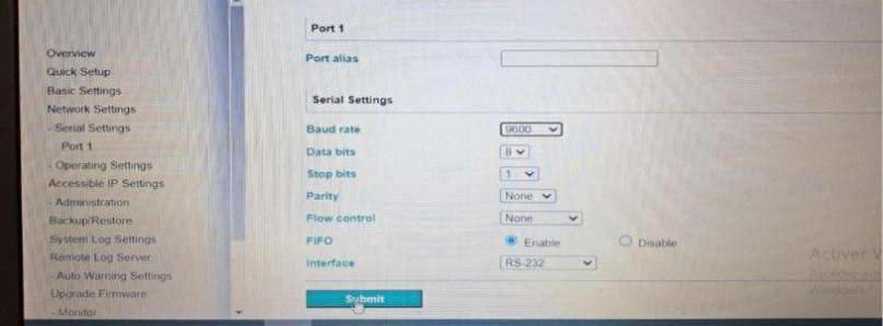 Serial port configuration of the serial-to-Ethernet converter